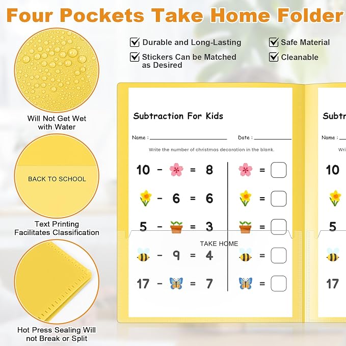 Henoyso 48 Pcs Take Home Folder Heavy Duty 2 Clear Front Pockets and 2 Inside Pockets Homework Folders for School Students Parent Teacher Classroom Communication (Yellow)