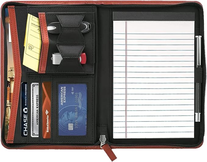 Small Portfolio Organizer, A5 Zippered Business Portfolio, Junior Padfolio Folder Binder for Women & Men,5 x 8 Writing Pad Included, Brown