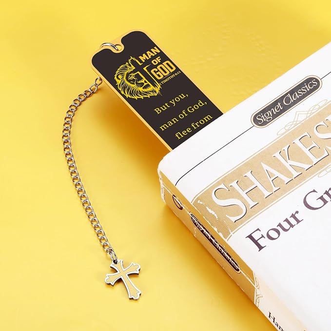 Christian Bookmark Man of God, Inspirational Lion Bible Verse Bookmark with Cross Pendant