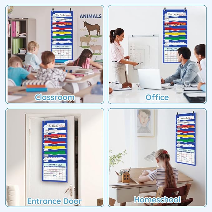 ALSLEA 15" Extra Wide Hanging File Organizer with 8 Pockets - Heavy Duty Classroom Pocket Chart, Wall Mounted Document Organizer with Writable Clear Pocket, 5 Wall/ Door Hooks & 12 Labels (Blue)