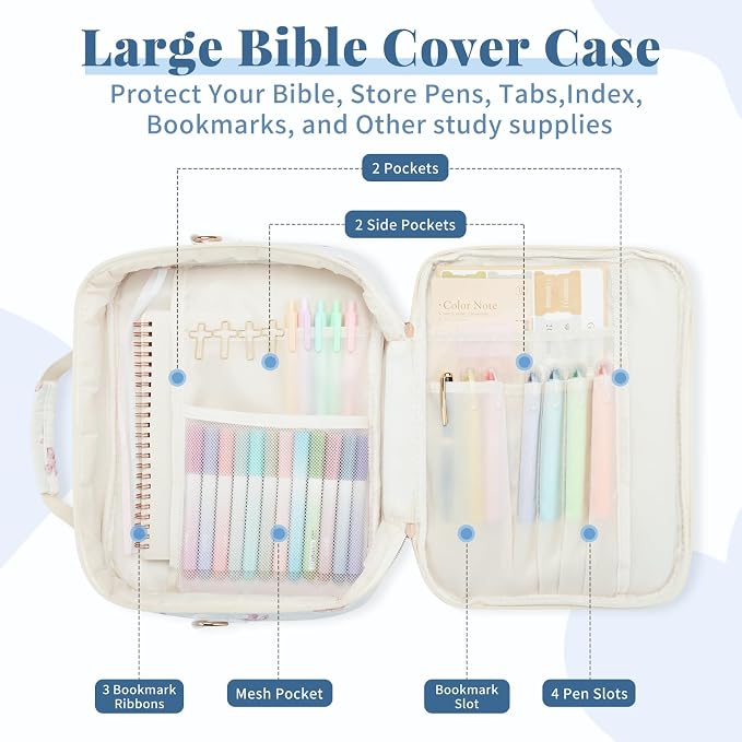 Personalized Initial Bible Cover Case for Women, Large Quilted Bible Bag with Durable Handle, Stylish Church Bag Journaling Kit with Study Supplies Accessories, Christians Gifts for Women (Pink-D)