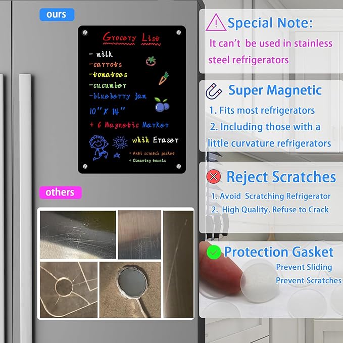 JonXon Acrylic Magnetic Dry Erase Board for Refrigerator,Acrylic Board for Fridge,to Do List for Fridge,Includes 6 Colors Markers(10" X 14” Black Blank)