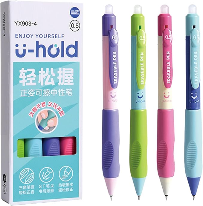 MOZXIRZ 4 Pcs Erasable Gel Ink Pens Cute Retractable Erasable Pens 0.5mm Blue Ink Pen Office School Pens Cute Aesthetic Pens Women Girls Pens Boys Men Pens (Style 3-Blue Ink)