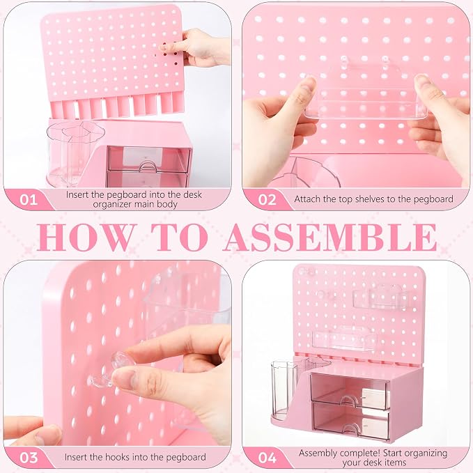 Novabright Desk Organizer with Drawers, Rotating Pen Holder with 5 Slots & Pegboard, Back to School & First Day of School Gifts, Multifunctional Desktop Storage for Desk Home Office Supplies(Pink)