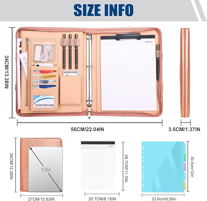 Padfolio Portfolio Binder with Handle, 3-Ring Folder Organizer, Vegan Leather Portfolio with Notepad Includes 5 Dividers with 10 Pockets for Documents Filesfor Documents Files and 1 Pen