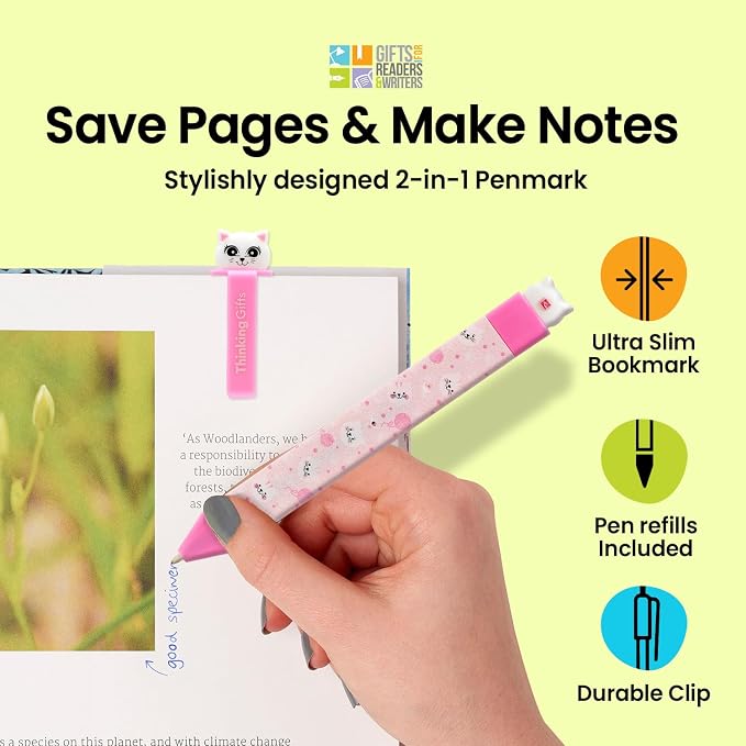 Gifts for Readers & Writers Pen Bookmark, Page Marker & Flat Writing Pen for Journal Notebook & Planner, Penmark Reading Accessory for Making Book Annotations (Kitty)