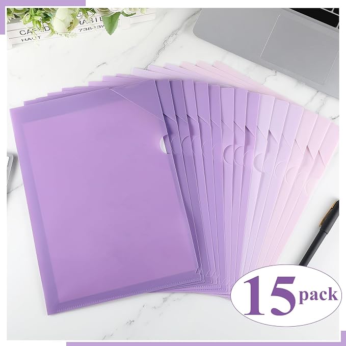 Kisston 15 Pack Purple Clear Plastic Folders Sleeves Project Pockets for Letter Size 12.1x8.8, L-Shaped Transparent File Jacket for School Office Desk Supplies