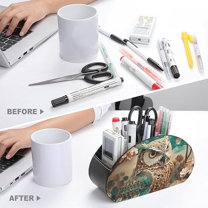 Owl Remote Control Holders Pu Leather TV Remote Holder with 5 Compartments Desktop Storage Organizers Remote Caddy Box for TV Remotes/Media Controllers/Office Supplies