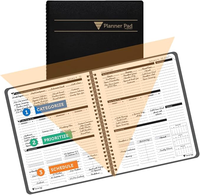Planner Pad Spiral Bound January-December 2026/ Calender Year 6 3/4" x 8 1/2" Medium 3-Tier Funnel Down 12 Month Organizer, Black Cover/Black Ink