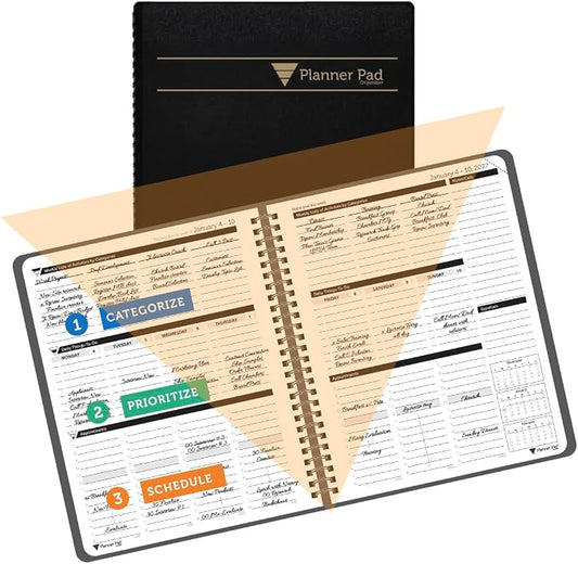 Planner Pad Spiral Bound January-December 2026/ Calender Year 6 3/4" x 8 1/2" Medium 3-Tier Funnel Down 12 Month Organizer, Black Cover/Black Ink
