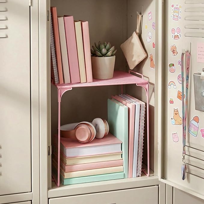 Colarr Pink Locker Organizer Shelf Locker Accessories for Girls Stackable Storage Organization Shelf Area Saver Fits Standard Size for School Office Kitchen and Home