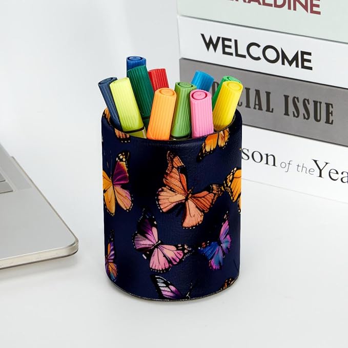 Pen Holder for Desk, Seamless Butterflies Aesthetic Pattern Leather Round Pencil Cup Stationery Supplies Holder, Large Capacity Makeup Brush Holder for Home, Office