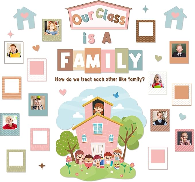 JarThenaAMCS 44Pcs Boho Bulletin Board Decoration Set for Classroom Our Class is A Family Picture Frame Paper Cutouts with Glue Points for Back to School Teachers Chalkboard Home Door Party