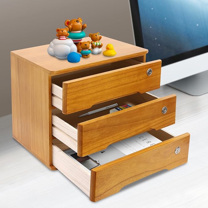 Desktop Storage Organizer Countertop Storage Cabinet with Lockable Drawers Wooden Desk Organizer for Office Supplies File Jewelry Accessories (3 Tiers)