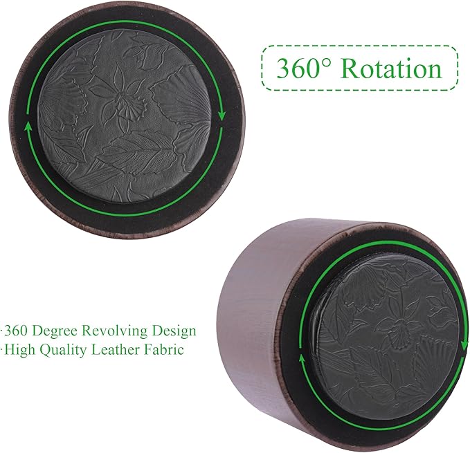 Round Leather Art Supply Organizer,Remote Control Holder,360 Degree Spinning,Multi-Functional Pencil Holder,4 Compartments Desktop Stationary Organizer(1-Thin Wood Dark Brown)