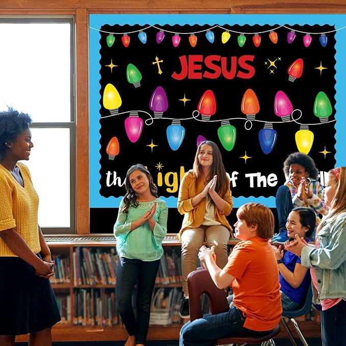 77 Pcs Religious Christmas Bulletin Board Decorations Set with Colorful Light Bulb Paper Cutouts Christian Jesus Bulletin Board for Sunday School Classroom Chalkboard Church Decor
