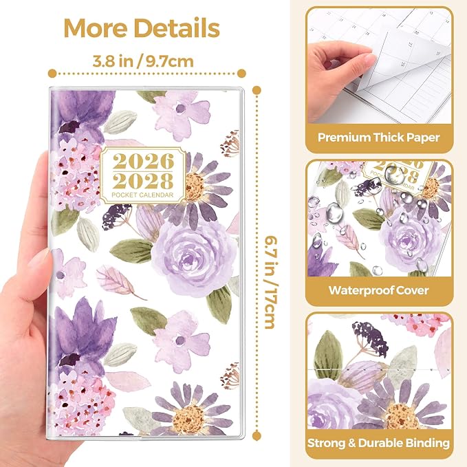SKYDUE Pocket Calendar 2026-2028, Pocket Monthly Planner Jul 2026 - Dec 2028 for Purse, 6.7" X 3.8" 30-Month Small Planner, Academic Year Calendar, Compact Design with Plastic Sleeve