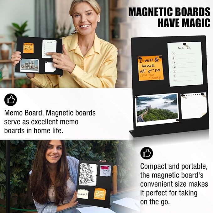 2 Pack Magnetic Bulletin Board Set, Magnetic Display Board, Small Desktop Magnet Stand, Contains Pen & 12 Magnet Clasps, for Home, School, Kitchen, Office Notice Display 12.6×11×2.6 inches