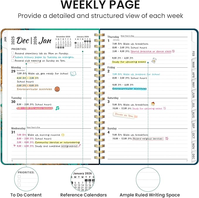 2026 Planner, Monthly and Weekly Calendar Planner for Women, Jan 2026 - Dec 2026, Hardcover Pretty 2026 Agenda Planner Book with Tabs, Spiral Bound, Perfect for School Office Home Supplies, 6.3" x 8.5" - Emerald Shores