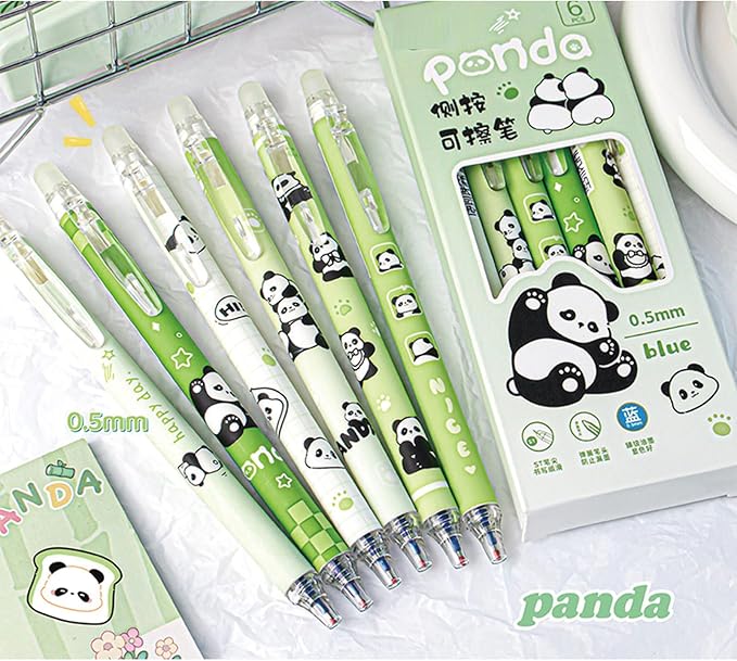 MOZXIRZ 6 Pcs Cute Erasable Retractable Pens Erasable Gel Ink Pens Cartoon Panda Pen 0.5mm Blue Ink Pen Cartoon Writing Pen Office School Supplies Women Girls Boys(Blue Ink-Panda)