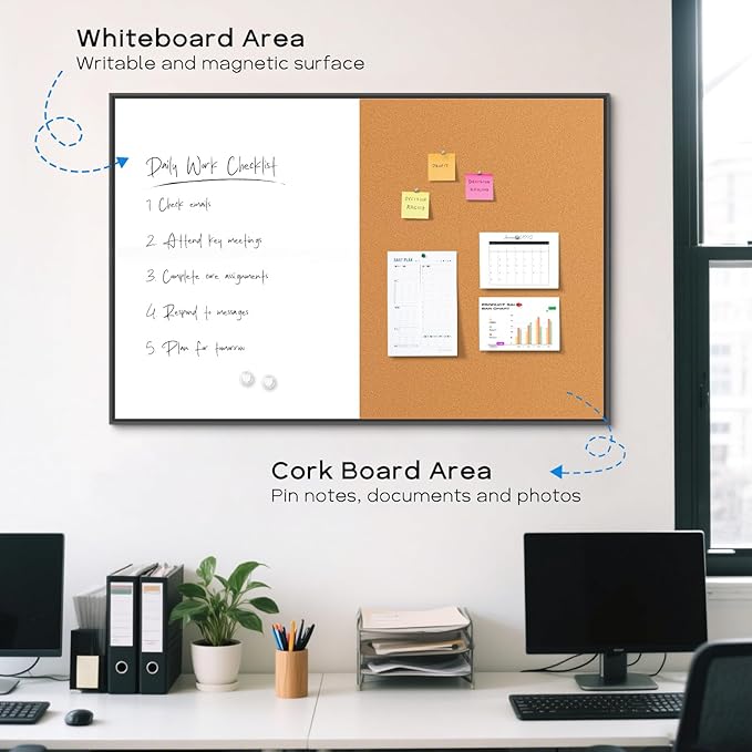 White Board Cork Board Combo, 30" x 20" Magnetic Dry Erase Whiteboard & Corkboard for Wall, Vision Board for Home Office School, Black Aluminum Frame