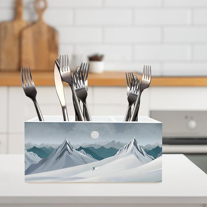 Rustic Winter Wooden Kitchen Utensils Holder, Ski Lovers Gifts, Winter Snowy Mountains Landscape Wood Cooking Utensil Organizer for Countertop Counter Shelf Table Decor Accessories