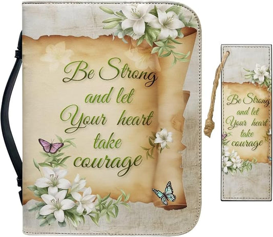 Vintage Lily and Cross Bible Case with Bookmark Waterproof Bible Cover Case for Women Lightweight Bible Bag with Handle Pockets Church Book Bag Beige