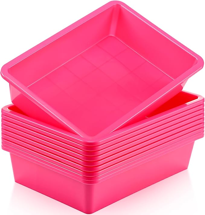 Hoteam 10 Pcs Flat Storage Organizer Tray Bin Paper Tray for Classroom Plastic Stackable File Organizer for School Office Teacher Book Organization(Dark Pink,13.78 x 9.84 x 3.15 Inch)