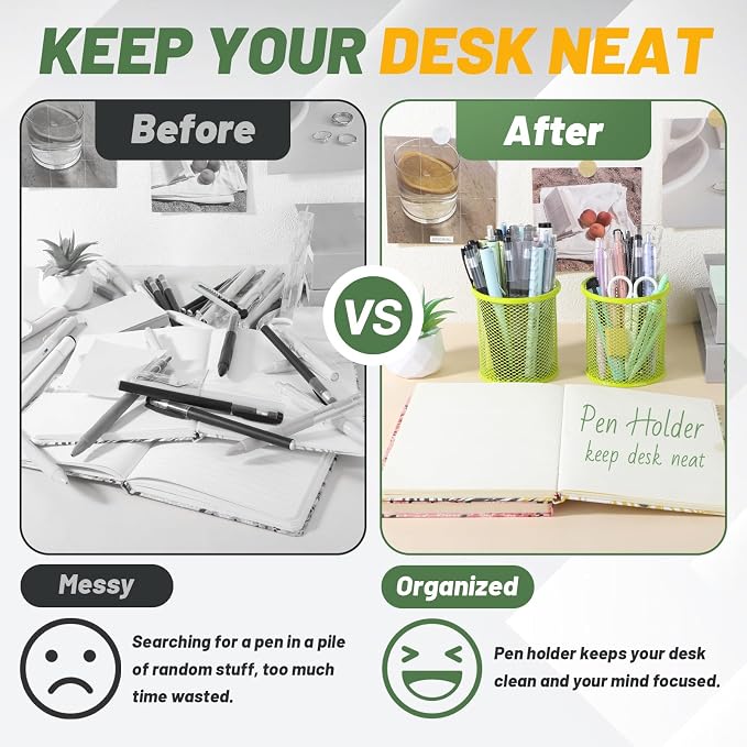 Segarty Pen Holer, 12 Pack Round Light Green Pencils Holder for Desk, Metal Mesh Pen Cup Container Marker Organizer Set for Office Supply, School, Home, Desktop Storage and Organization