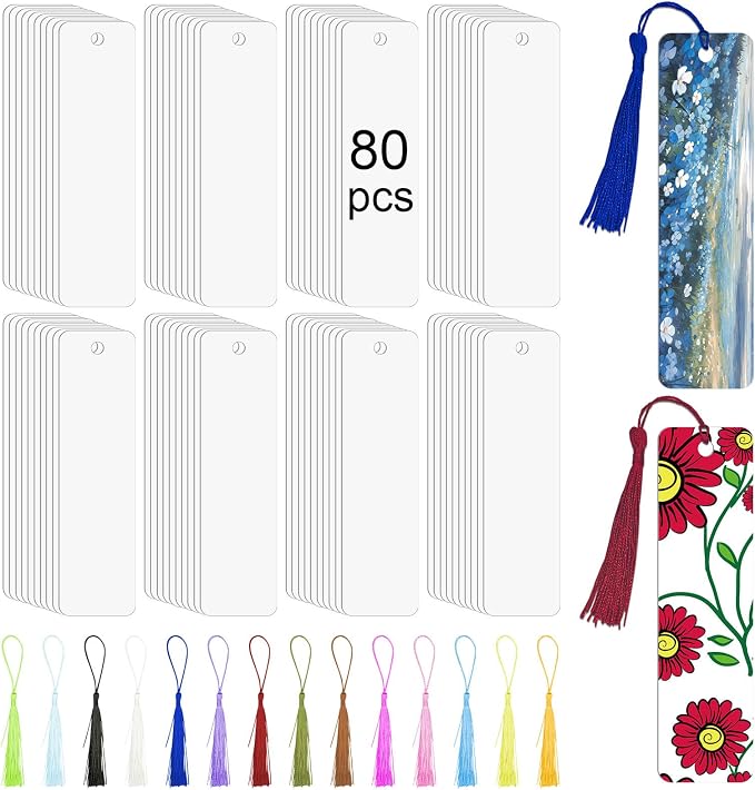 LIZOIDZSM 80 Pcs sublimation bookmarks，sublimation bookmark blank Aluminum Metal Bookmarks Bulk DIY Bookmarks with Hole and Colorful Tassels for Crafts Reading School Office Supplies, White