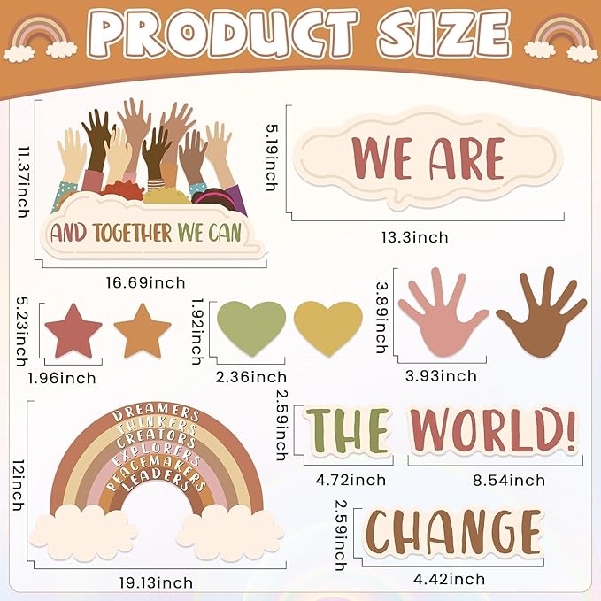 Lonfliness One World Together Classroom Decorations Boho Positive Rainbow Cutouts Motivational Bulletin Board Set Inspirational Classroom Wall Chalkboard Door Decor for Back to School Teacher Supplies