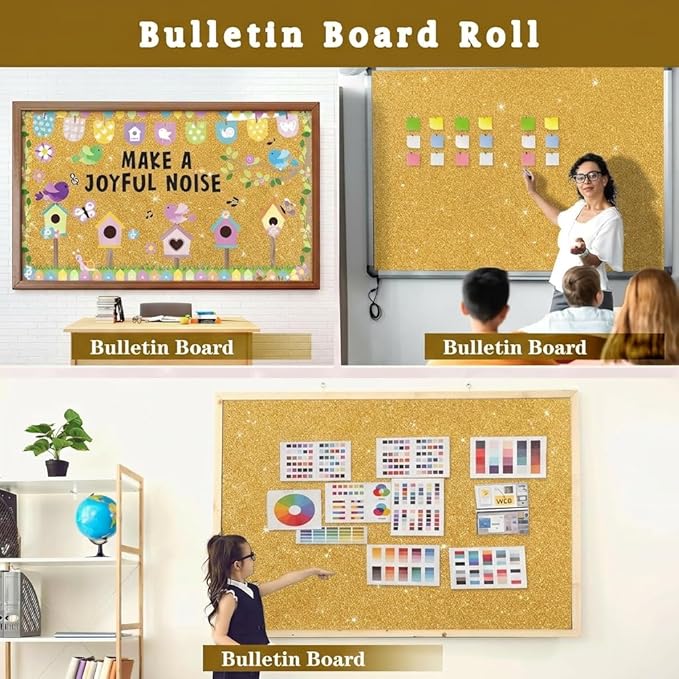16" × 30ft Gold Yellow Glitter Bulletin Board Roll Sparkle Decorations Bulletin Board Background Non Fading Wallpaper DIY Art Crafts Poster Paper for Home Office Classroom Decoration Wrapping Crafts