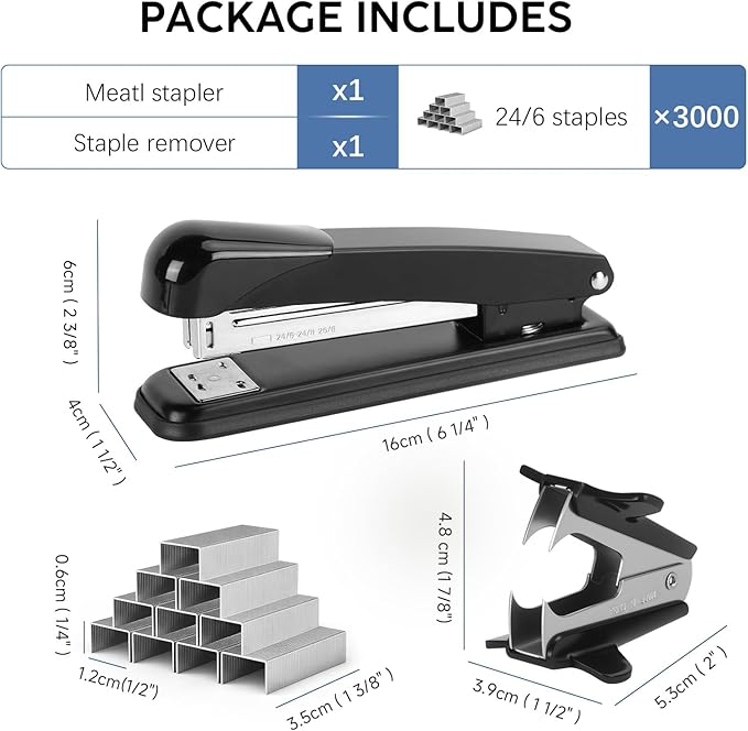 Non-Slip Office Full Strip Stapler Set with 3000 24/6 Staples and Mini Handheld Staples Remover, Heavy Duty Stapler, 50 Sheets Large Capacity