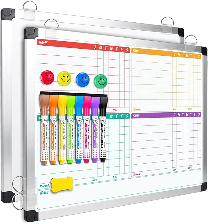EAONE 16 x 12.6 in Magnetic Dry Erase Chore Chart & Whiteboard for Multiple Kids/Teens/Adults, Double Sided Chore Board Weekly Calendar for Wall, Aluminum Frame, 8 Markers, 4 Magnetic Pins, 1 Eraser