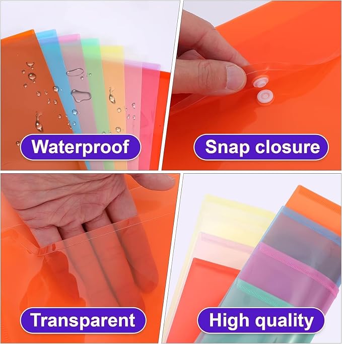 50pcs Plastic Envelopes,Clear Poly Envelopes,Document Folders with Snap Button Closure,Document Folders Letter A4 Size File Envelopes for School Home Work Office Organization(8 Assorted Color)