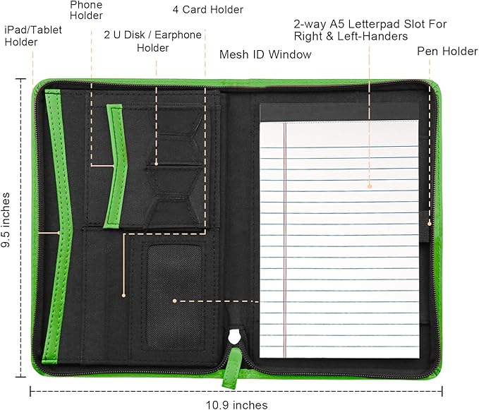 Junior Padfolio/Resume Portfolio Binder with Refillable Lined Notepad, A5 Padfolio Folder, Business Portfolio, Multi-Function Case, A5 Writing Pad Included,Green