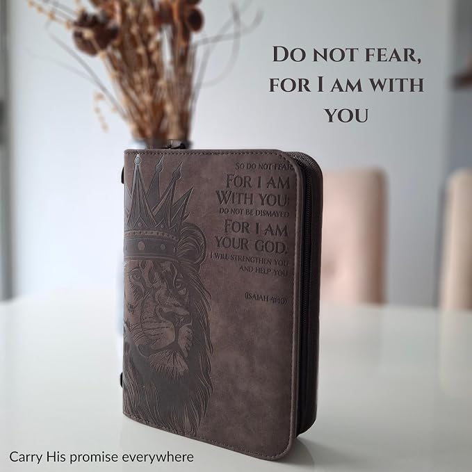 | Lion of Judah Bible Cover for Men & Women | Large Vegan Leather Bible Case with Pen | Fits Thick Study Bibles up to 10" L x 7" W x 2" H | Christian Gifts (Gray)