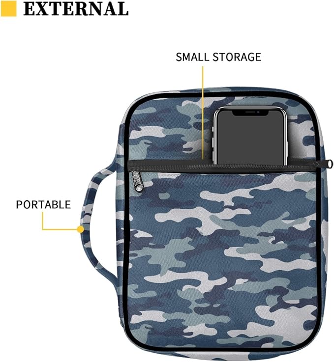 Coldinair Blue Camo Print Bible Cover for Men Women Teens,Carrying Book Case Church Bag Bible Protector with Handle and Zippered Pocket