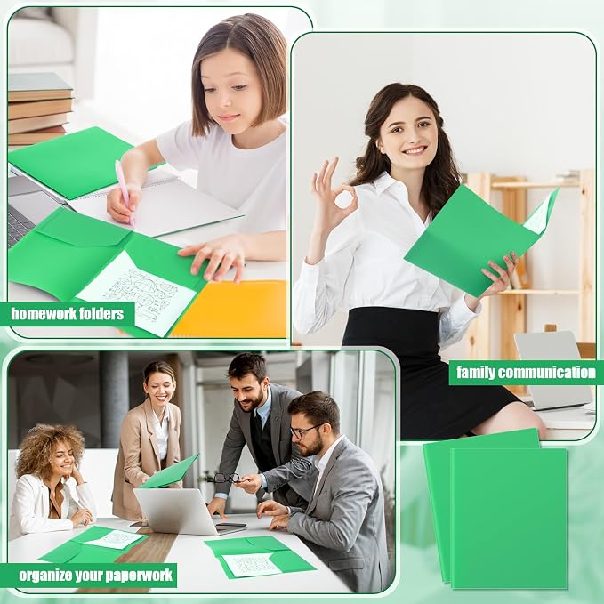 Gueevin 100 Pack Plastic Folder with Pockets, 2 Pocket Folders, Plastic Glossy Folders Fit Letter Size Paper, Heavy Duty Durable File Folder with Business Card for Home Office School (Green)