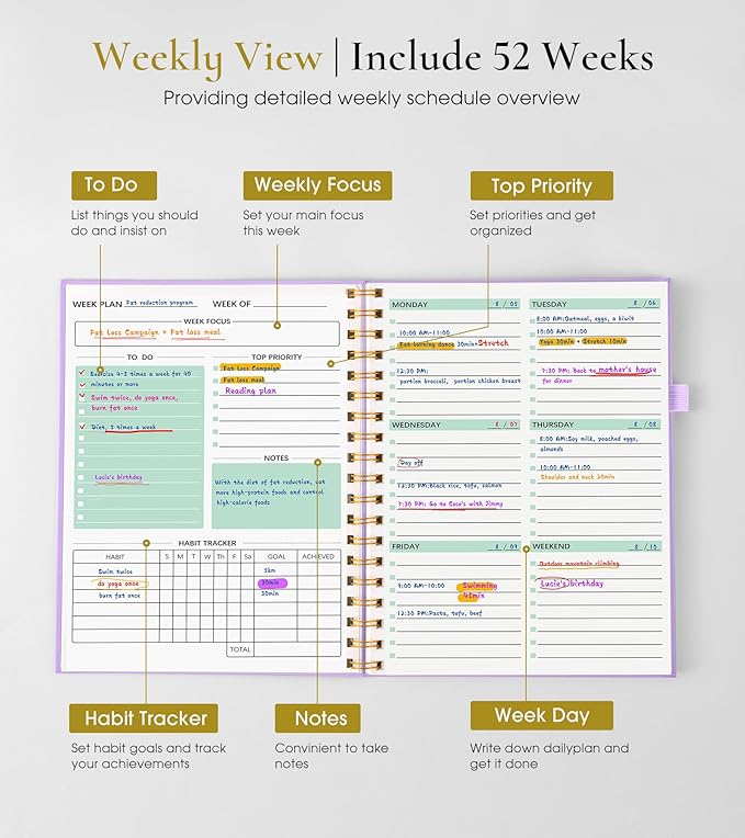 Undated Weekly and Monthly Planner, B5 Large Weekly To Do List Notebook with Goal & Habit Tracker Organizer, Hardcover Spiral Bound Blank Monthly Planner for Work School Home 7.4" x 9.64"Purple