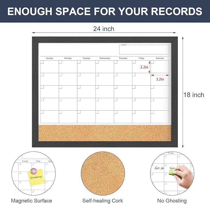 Dry Erase Calendar for Wall, 18x24 Inches Calendar Whiteboard for Wall, Magnetic Monthly White Board Corkboard with Wood Framed, Hanging Dry Erase Board for Kitchen Home Office School Planner
