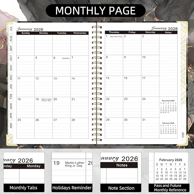 2026 Planner, Jan.2026 - Dec.2026 Weekly Monthly Planner 6.25"x8.5" with Page Tabs, Calendar Hardcover with Inner Pocket, Elastic Band, Twin-Wire Binding, Bookmark, Black Pink Marble