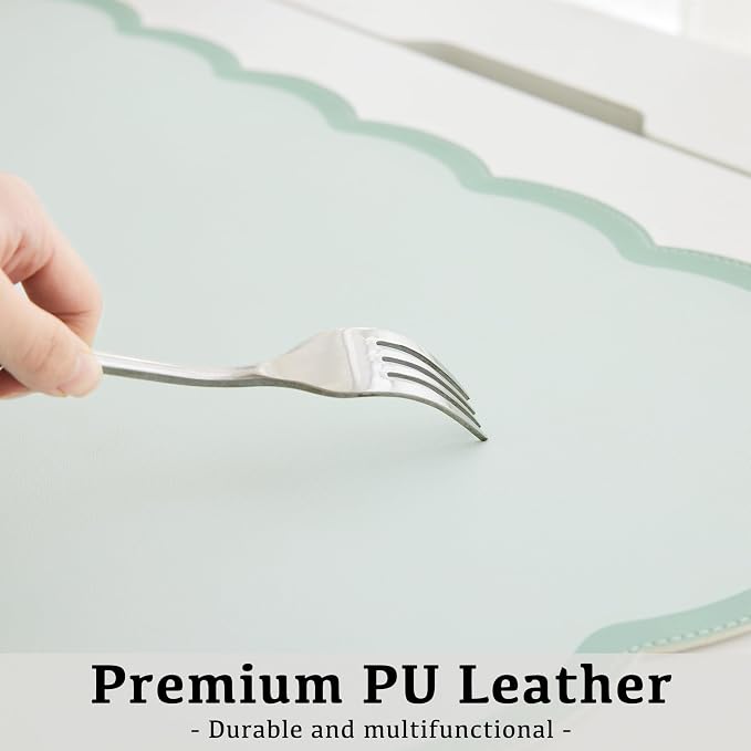 Scalloped Desk Mat, 31.5" x 15.7" Large Cute Aesthetic Desk Accessories, PU Leather Computer Laptop Desk Mouse Keyboard Pad, Desk Writing Mat for Vanity/Work/Home Decor (Sage, 31.5" x 15.7")