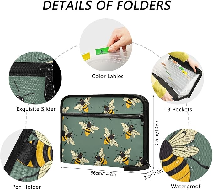 ALAZA Cute Bee Expanding File Folder, 13 Pockets Expandable Document Organizer Folder with Zipper Closure for Home Office A4 Letter Size Paper Document