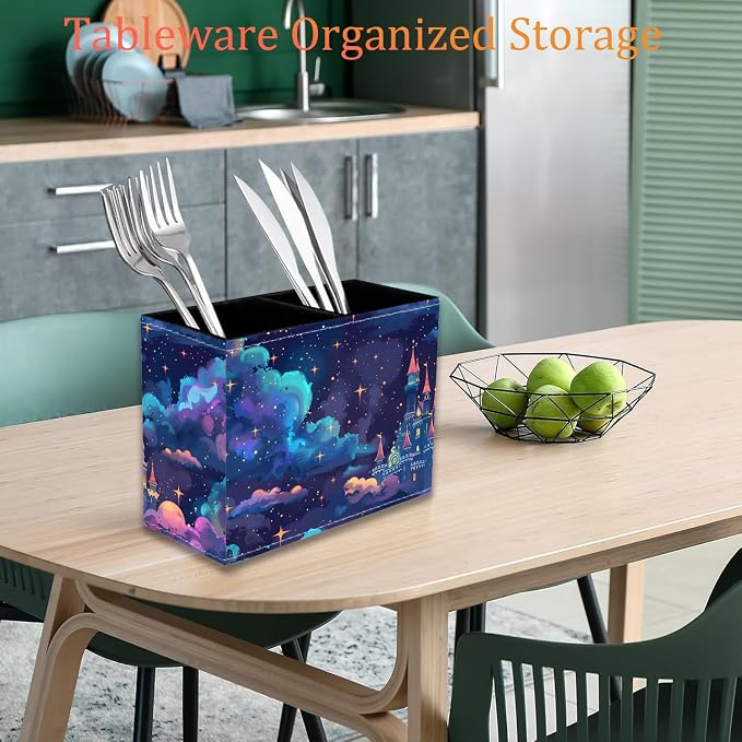 Pen Holder for Desk, PU Leather Multifunctional Desktop Storage Box and Anti-Slip Mouse Pad Set, Makeup Brush Holder Pen Organizer for Office and Home - Astral Cloud Castle