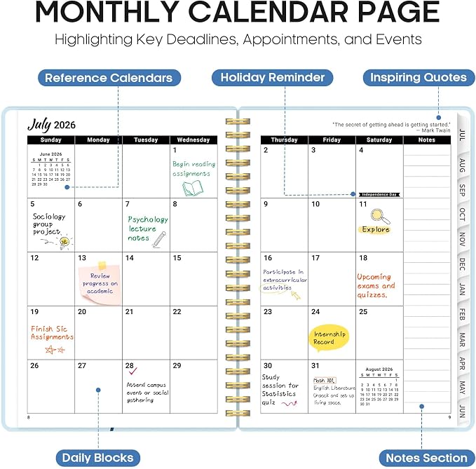 Planner 2026–2027, Academic Year Monthly & Weekly Calendar Book, Jul 2026–Jun 2027, Hardcover Organizer with Tabs, Student & Teacher Planner, 6.3" x 8.5", Soft Wings