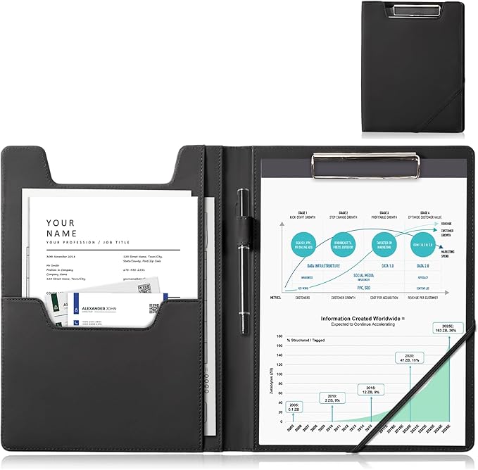 ProCase Clipboard Folder Portfolio, Leather Business Padfolio Organizer Letter Size Professional Folder Binder for Interview Meeting Resume Office Conference School -Black