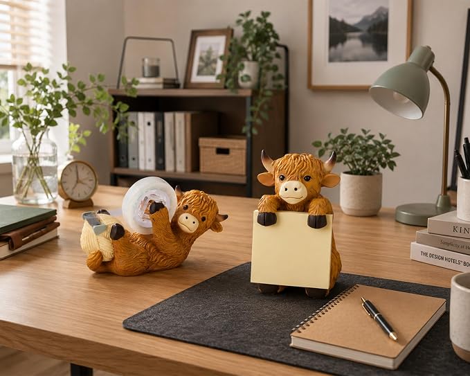 Highland Cow Pop-Up Sticky Note Dispenser with 100 Sheets 3 x 3 Inch Notes, Handmade Resin Highland Cow Desk Decor for Office, Home & Classroom, Gift for Teachers & Coworkers - Brown