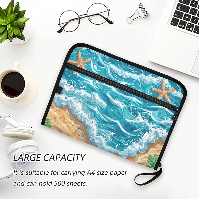 Ocean Sea Coast File Folders,Plastic Folders with 13 Pockets,Expandable File Folder for Documents School Students Office,Aesthetic Folder with Labels A4 Letter Size