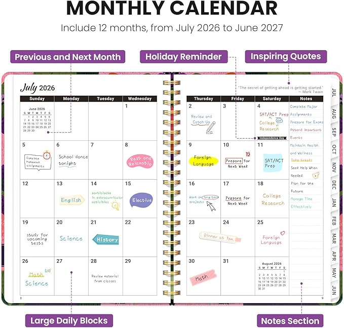 2026–2027 Academic Planner, Weekly and Monthly Planner for Women, July 2026 - June 2027, Pretty Hardcover 2026–2027 Academic Planner with Tabs, Inner Pocket, Spiral Bound, Perfect Office Home School Supplies - 6.3" x 8.5", Feline Grove